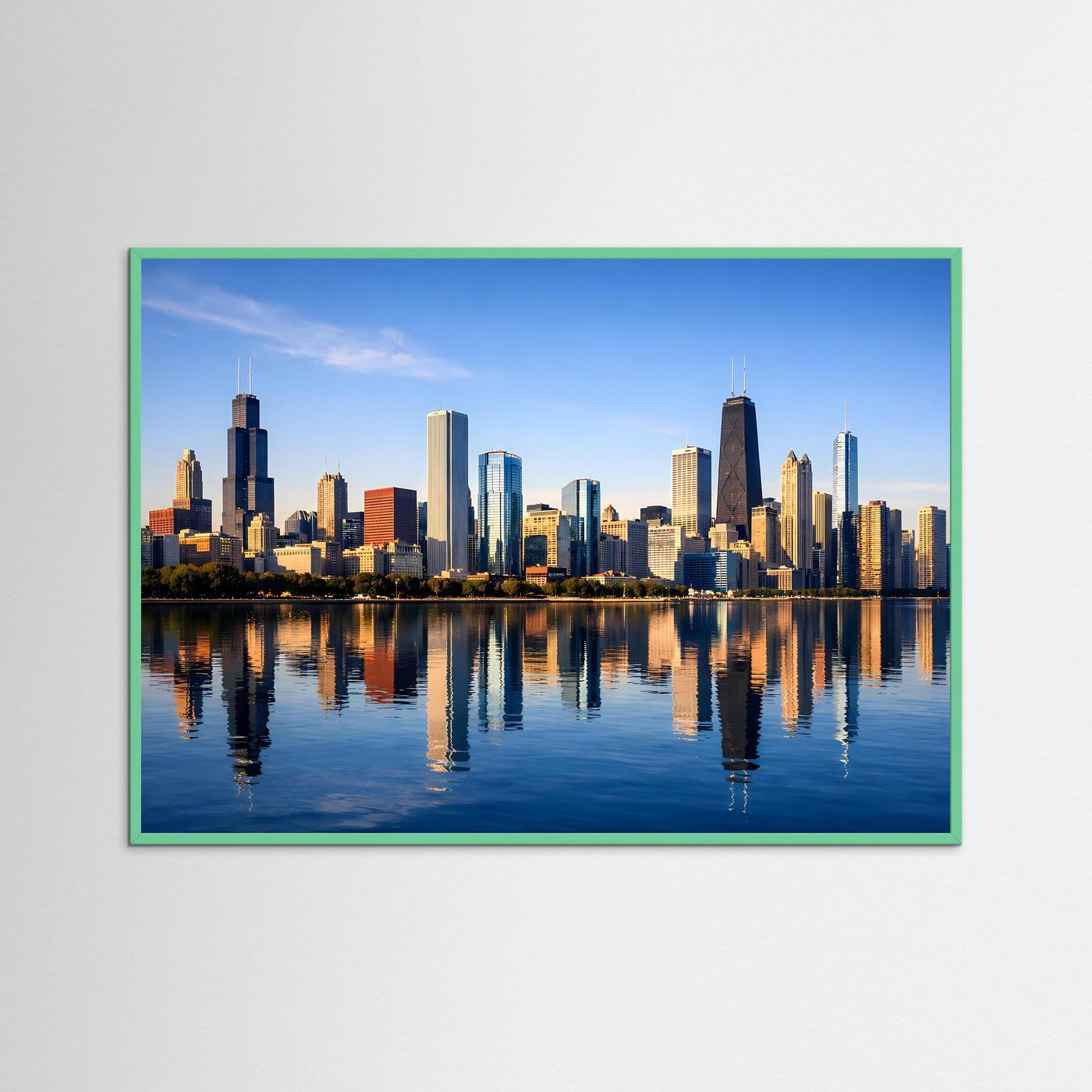 Panoramaposter Chicago-Skyline am Wasser, Querformat, mit türkisgrünem Rand