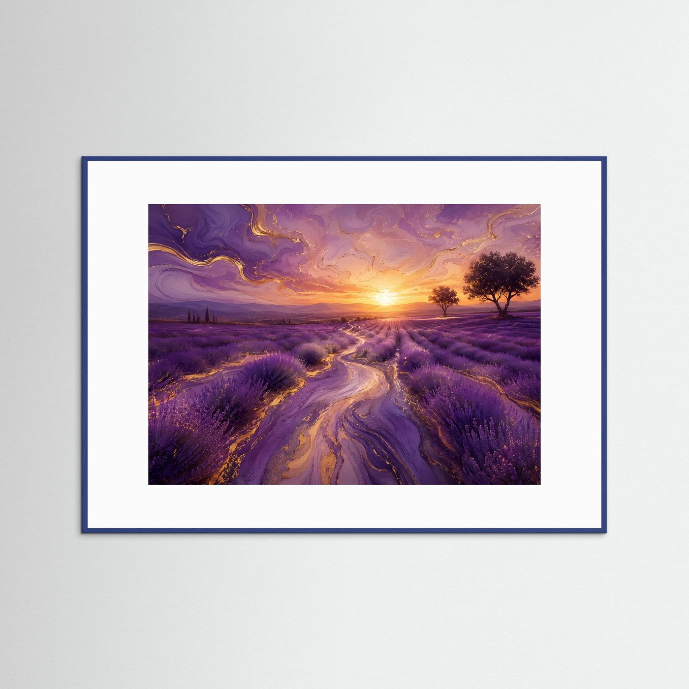Lavendelfeld Goldfluss Poster | Abstrakte Provence Landschaft mit Sonnenuntergang Modernes Wandbild Querformat