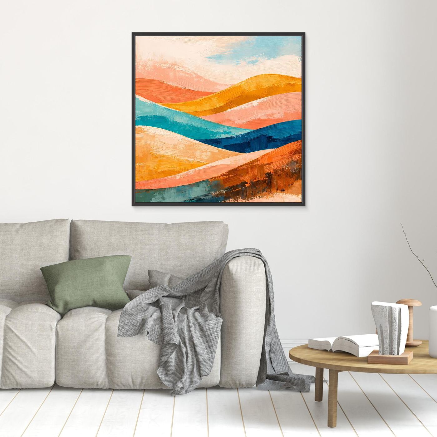 Abstract canvas wall art with wave hills in orange, teal, and blue, black frame