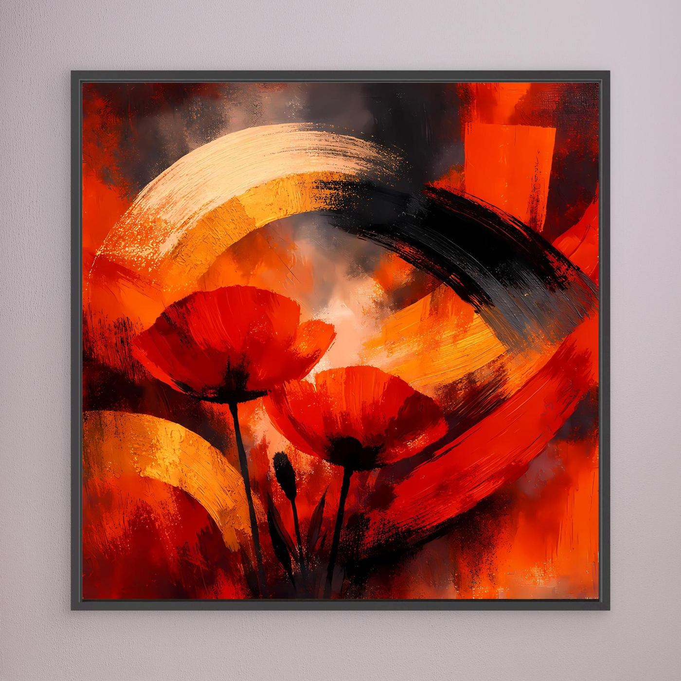 Leinwandbild mit abstrakten Mohnblüten in Rot, Schwarz und Gold, dunkel gerahmt