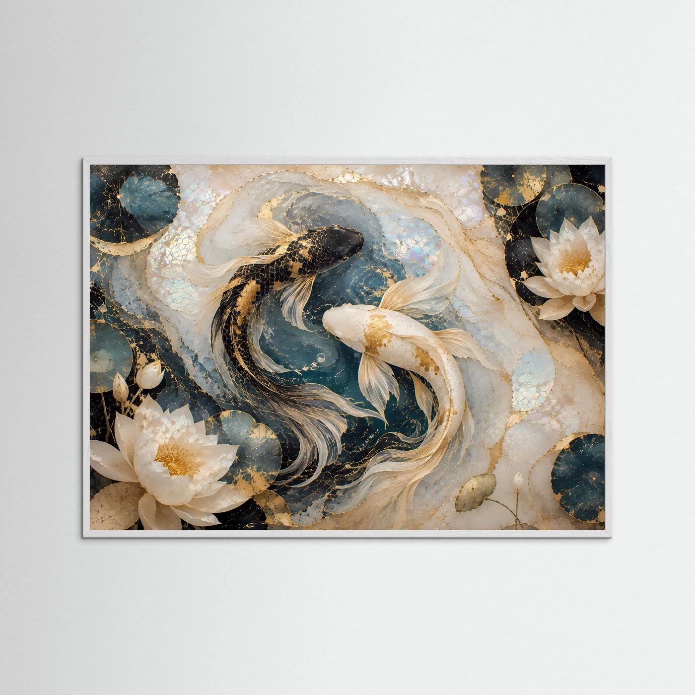 Querformatiges Poster im weißen Holzrahmen: Koi-Fische und Lotusblüten in Blau, Gold, Perlmutt