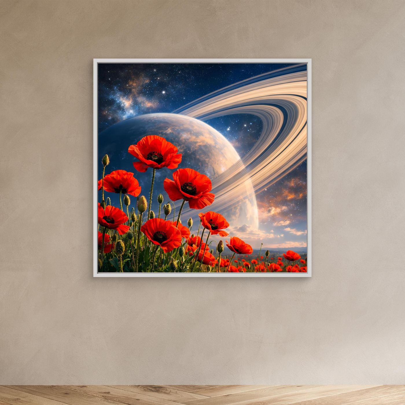 Leinwandbild mit roten Mohnblumen und Weltall-Motiv im weißen Rahmen