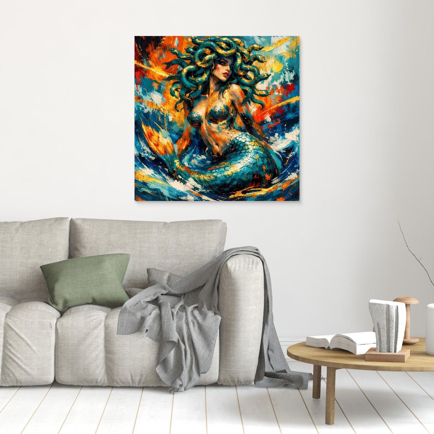 Gerahmtes Leinwandbild mit Medusa-Meerjungfrau, abstraktes Fantasy-Motiv in Blau und Orange