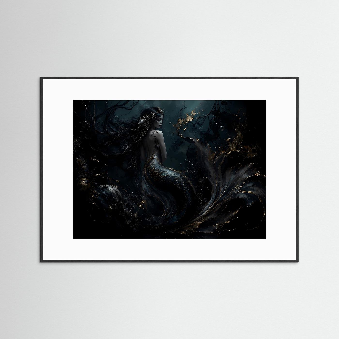 Meerjungfrau Poster | Mystische Unterwasser Kunst | Dunkle Fantasy Wanddeko | Gold Schwarz Leinwandbild | Elegante Meereskunst