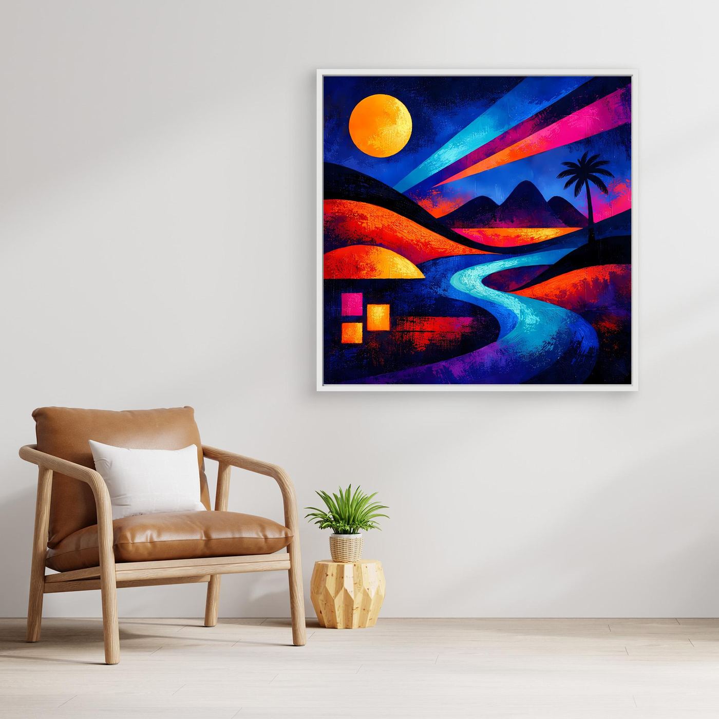 Gerahmtes Leinwandbild mit Holzrahmen: Nachtlandschaft mit Palmen, orange Mond und Lichtpunkten