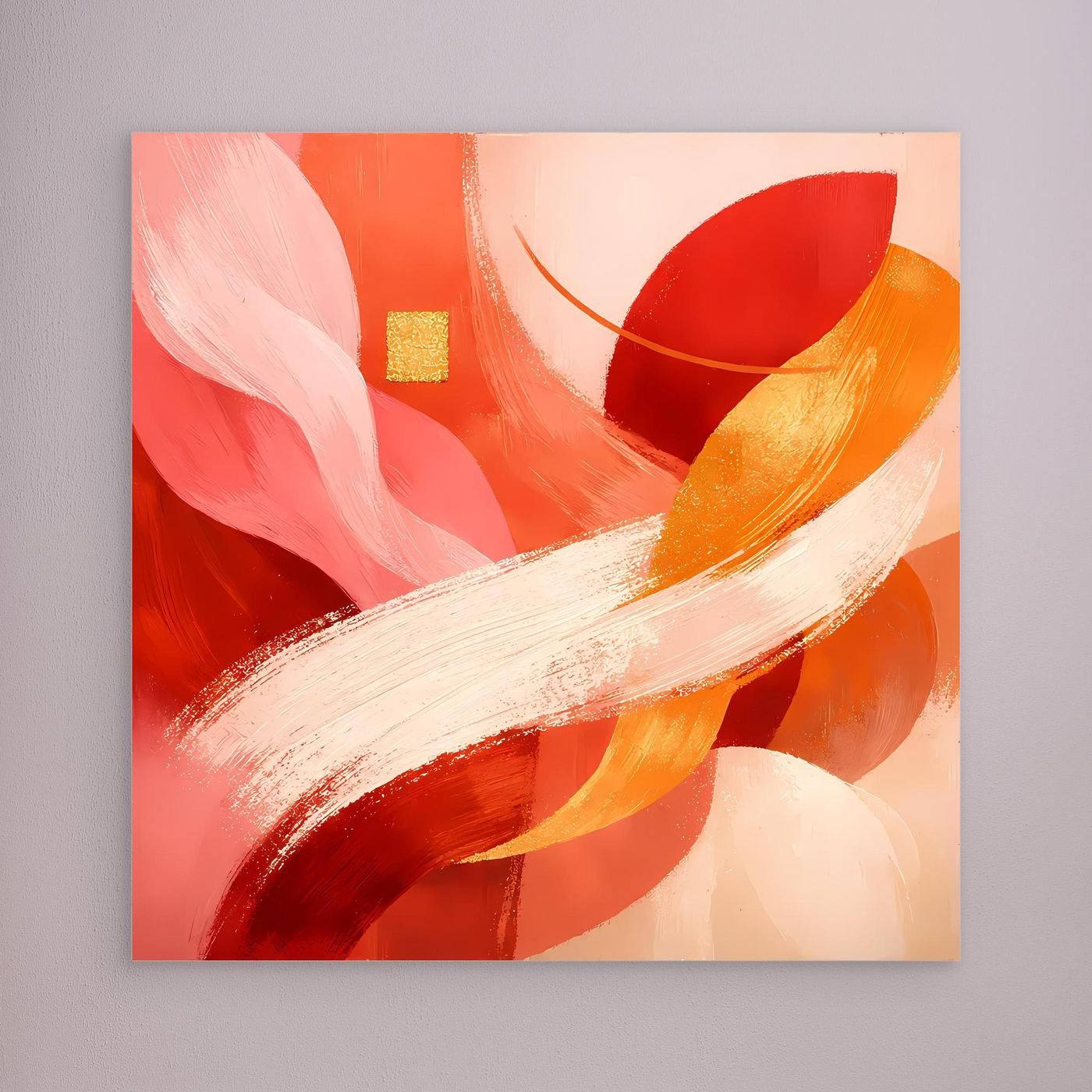 Abstraktes Leinwandbild in Rot-Orange-Gold mit weißen Schwungstrichen, ohne sichtbaren Rahmen