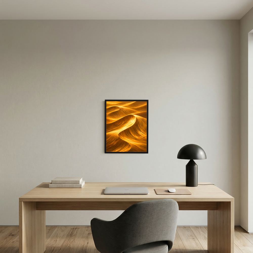 Quadratisches, gerahmtes Poster mit goldener Sanddünen-Optik über einem Schreibtisch