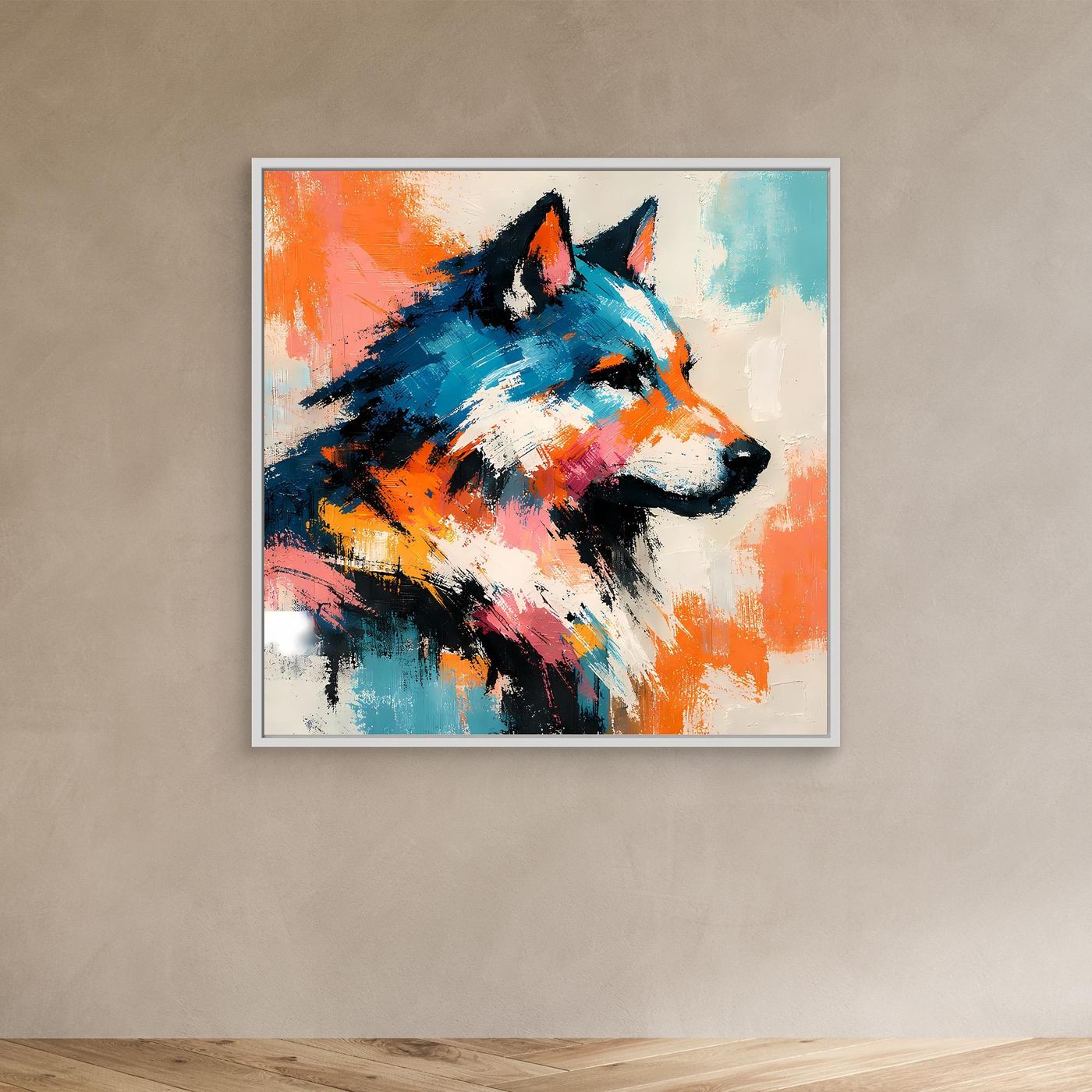 Leinwand-Wandbild mit abstraktem Wolfkopf in Pop-Art, orange-blau, weißer Rahmen