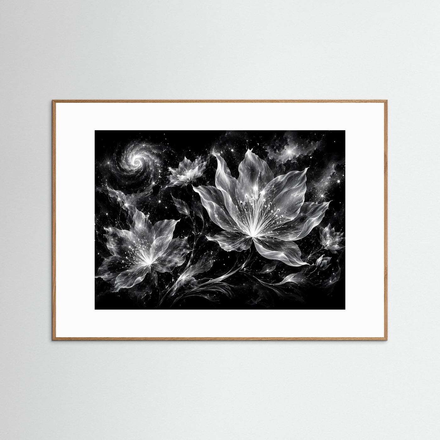 Schwarz Weiß Blumen Poster | Kosmische Blüten Wandkunst | Abstrakte Florale Kunst | Moderne Monochrome Leinwand | Galaxy Design