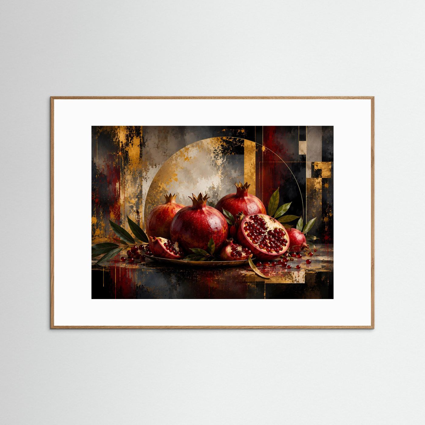 Poster: Granatäpfel in Rot und Gold, abstrakte Fruchtkunst, beige-weiß gerahmt