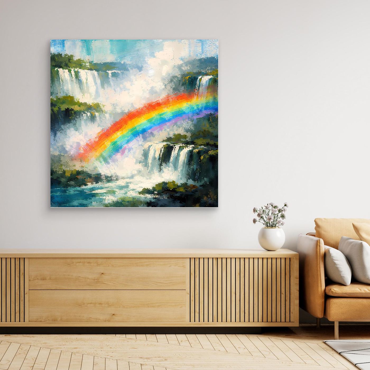 Wandbild mit abstraktem Wasserfall und Regenbogen auf Leinwand, ohne Rahmen