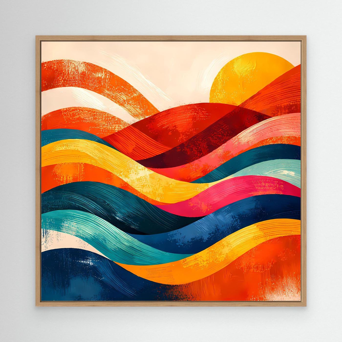 Abstraktes Wandbild mit bunten Wellenstrichen, Holzrahmen in Eiche