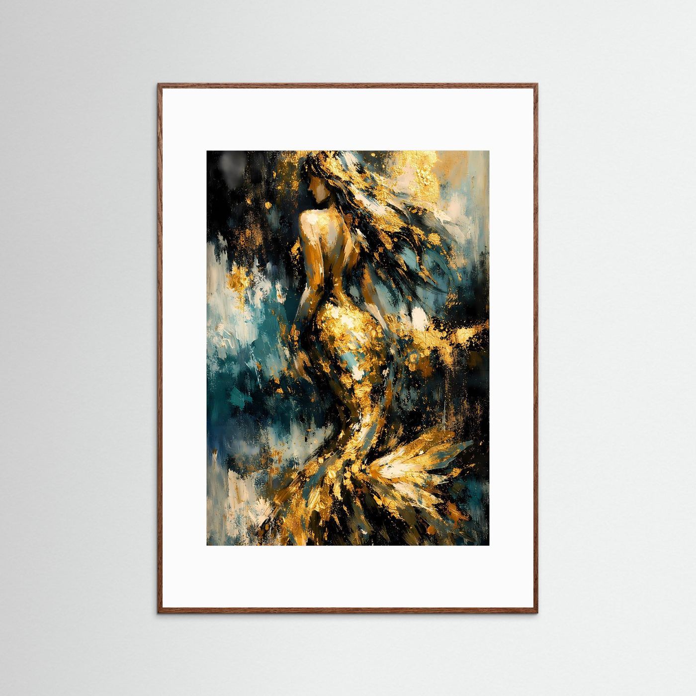 Meerjungfrauen-Poster im Hochformat mit abstraktem Motiv, goldenen Akzenten, braunem Rahmen