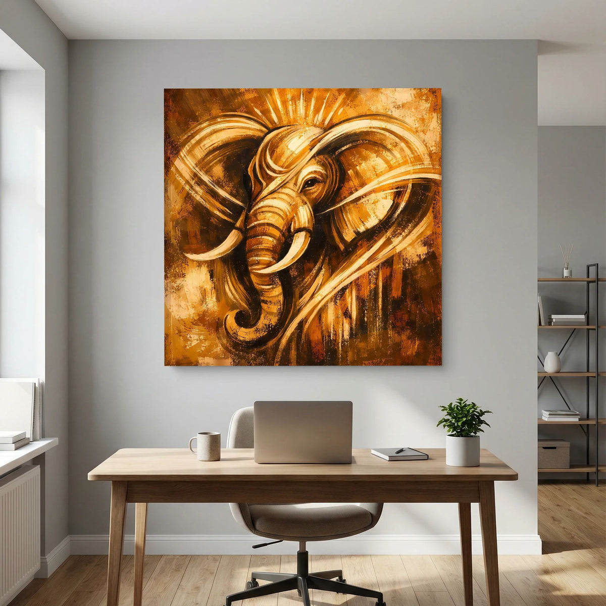 Abstraktes Leinwand-Wandbild mit goldener Elefantenfigur und gesprenkeltem Hintergrund