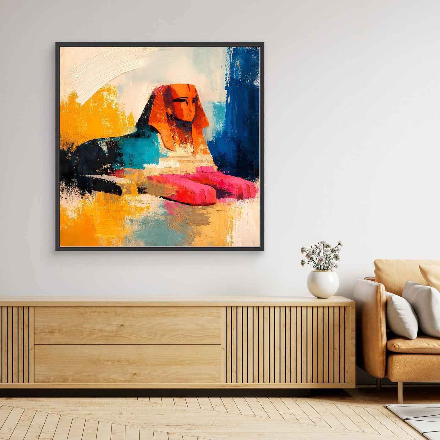 Abstract canvas sphinx wall art with black frame, colorful Egyptian-inspired tones