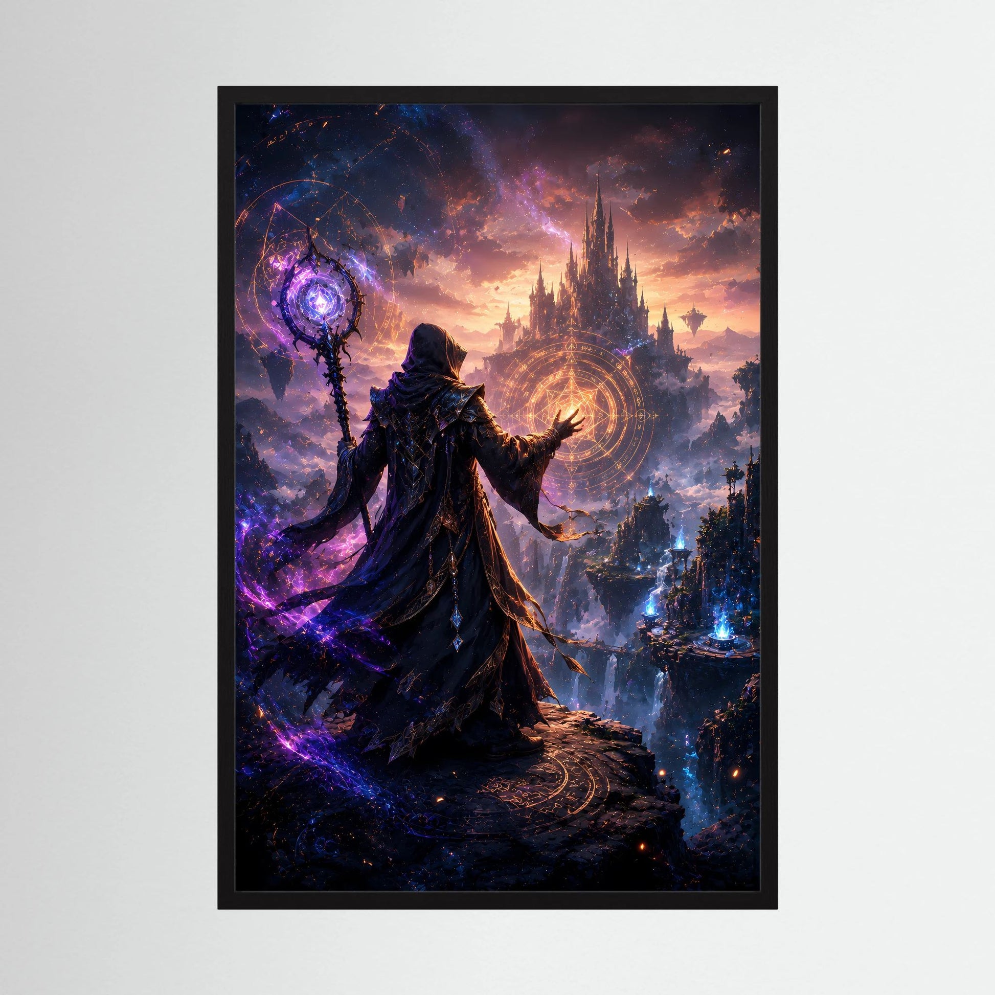 Kunstposter im Hochformat: dunkler Magier mit Stab vor mystischer Burg, violettes Licht