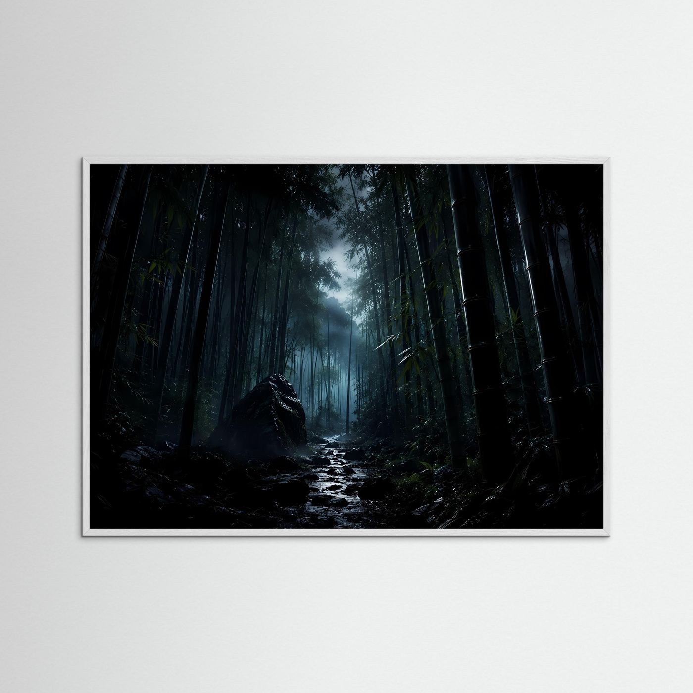 Mystischer Bambuswald bei Nacht Poster | Japanischer Zen Wald Nebel Landschaft Wandbild Querformat