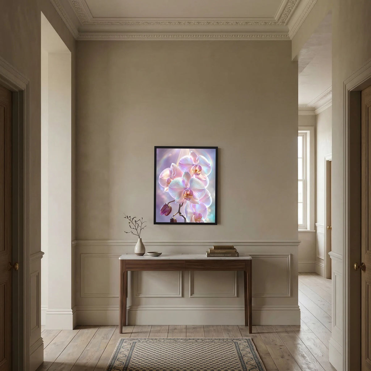 Gerahmtes Kunstposter mit schimmernden Orchideenblüten in Rosa und Perlmutt