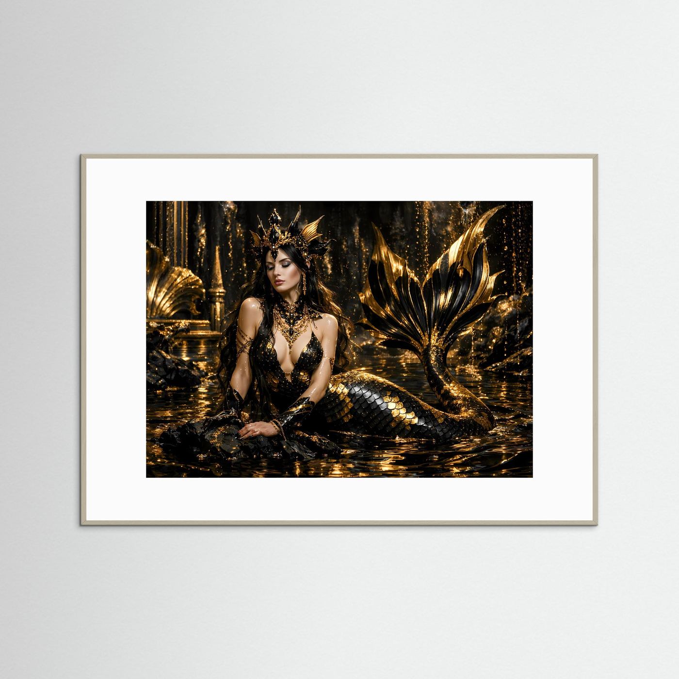 Goldene Meerjungfrau in Schwarz & Gold | Mystisches Fantasy Wandbild Querformat