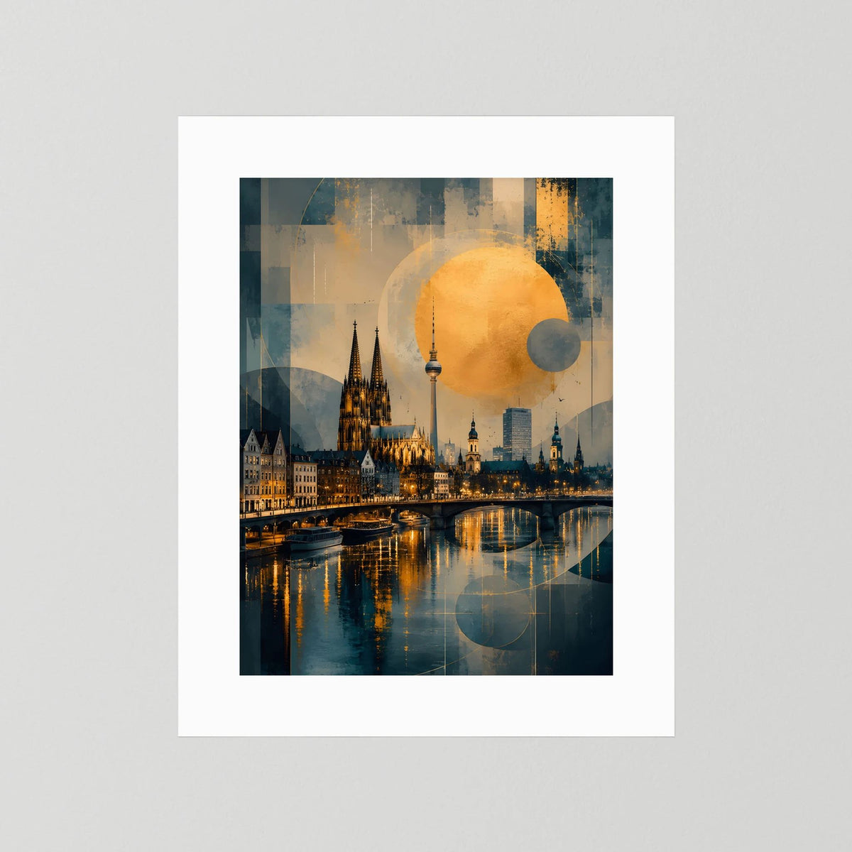 Hochformat-Poster Köln-Skyline mit Goldkreisen, weißer Rand ohne sichtbaren Rahmen