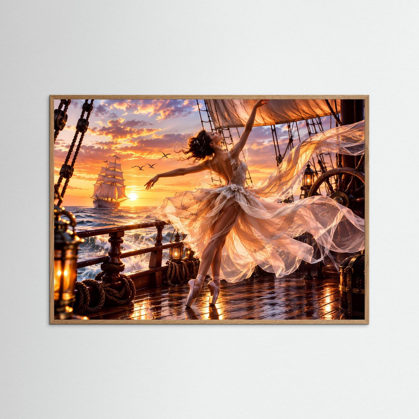 Ballerina auf Segelschiff Poster | Romantische Meereskunst | Sonnenuntergang Wandbild | Elegante Tanzkunst | Premium Leinwandbild