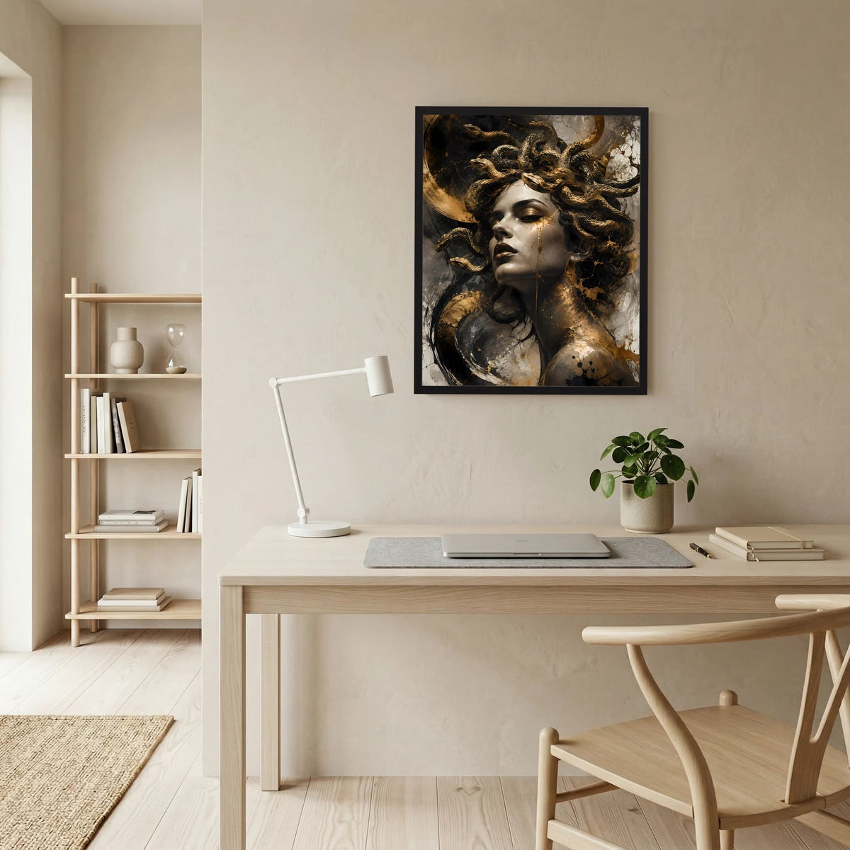 Gerahmtes Medusa-Porträt im Poster, dunkle Töne, goldene Schlangen und Akzente