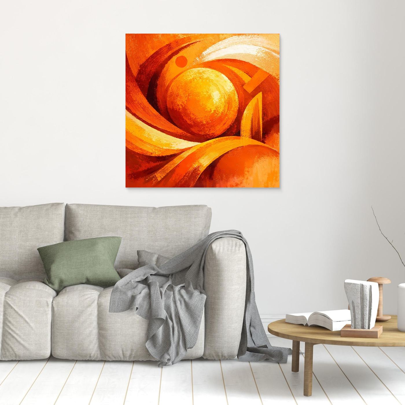 Kleines Leinwand-Wandbild mit abstrakter Wirbel-Sonne in Orange und Gelb, braun gerahmt