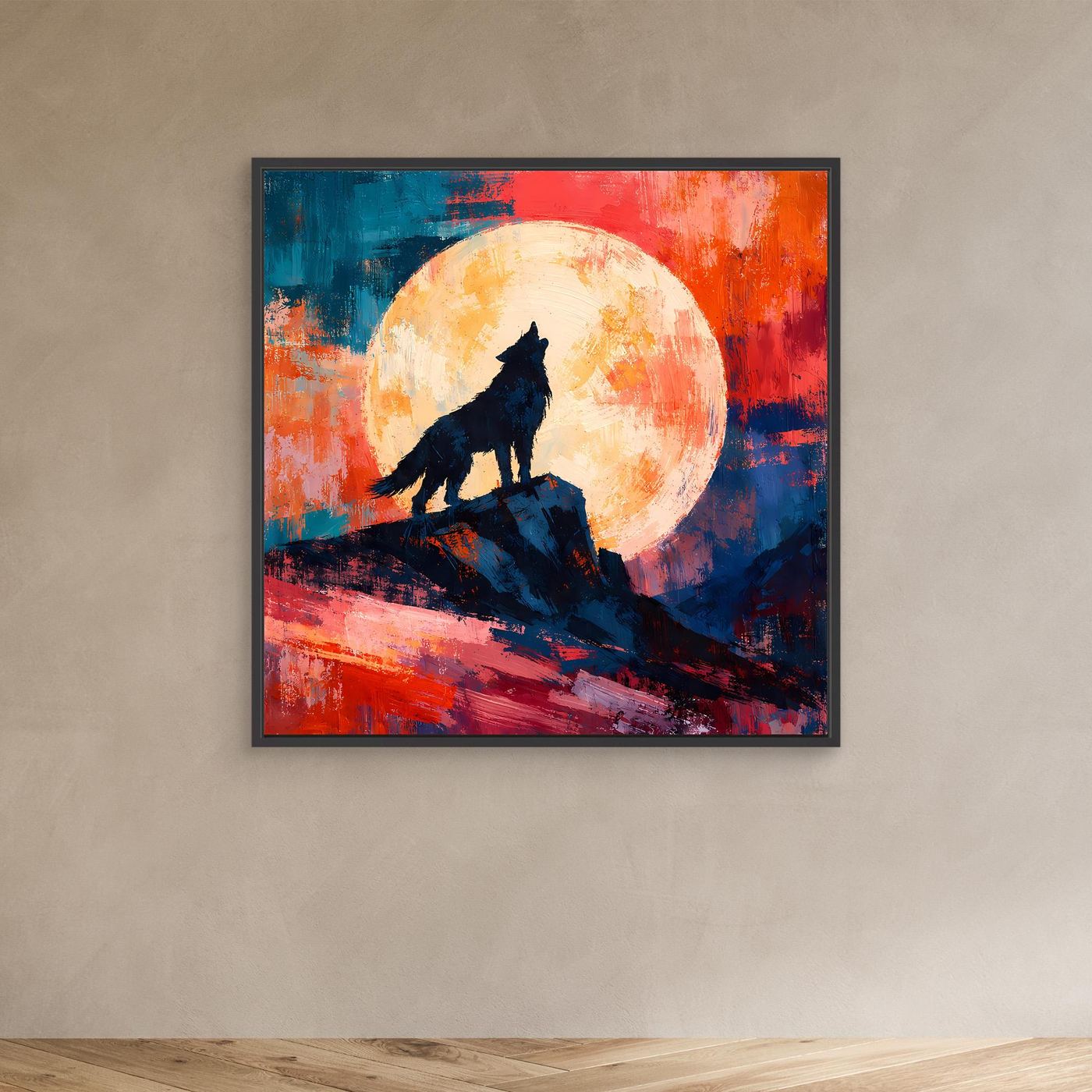 Leinwand Abstraktes Wolf Gemälde | Modernes Mystisches Wandbild Heulender Wolf Vollmond
