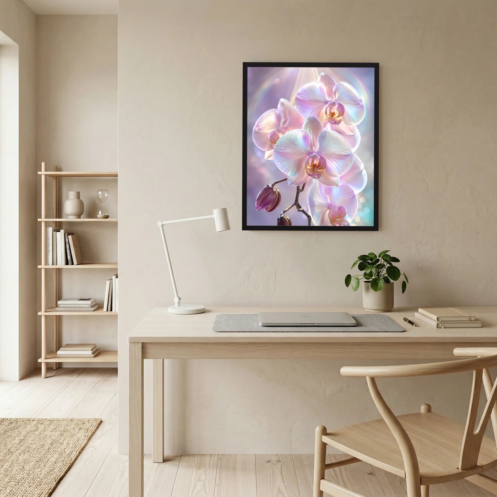 Gerahmtes Kunstposter mit schimmernden Orchideenblüten in Rosa und Perlmutt