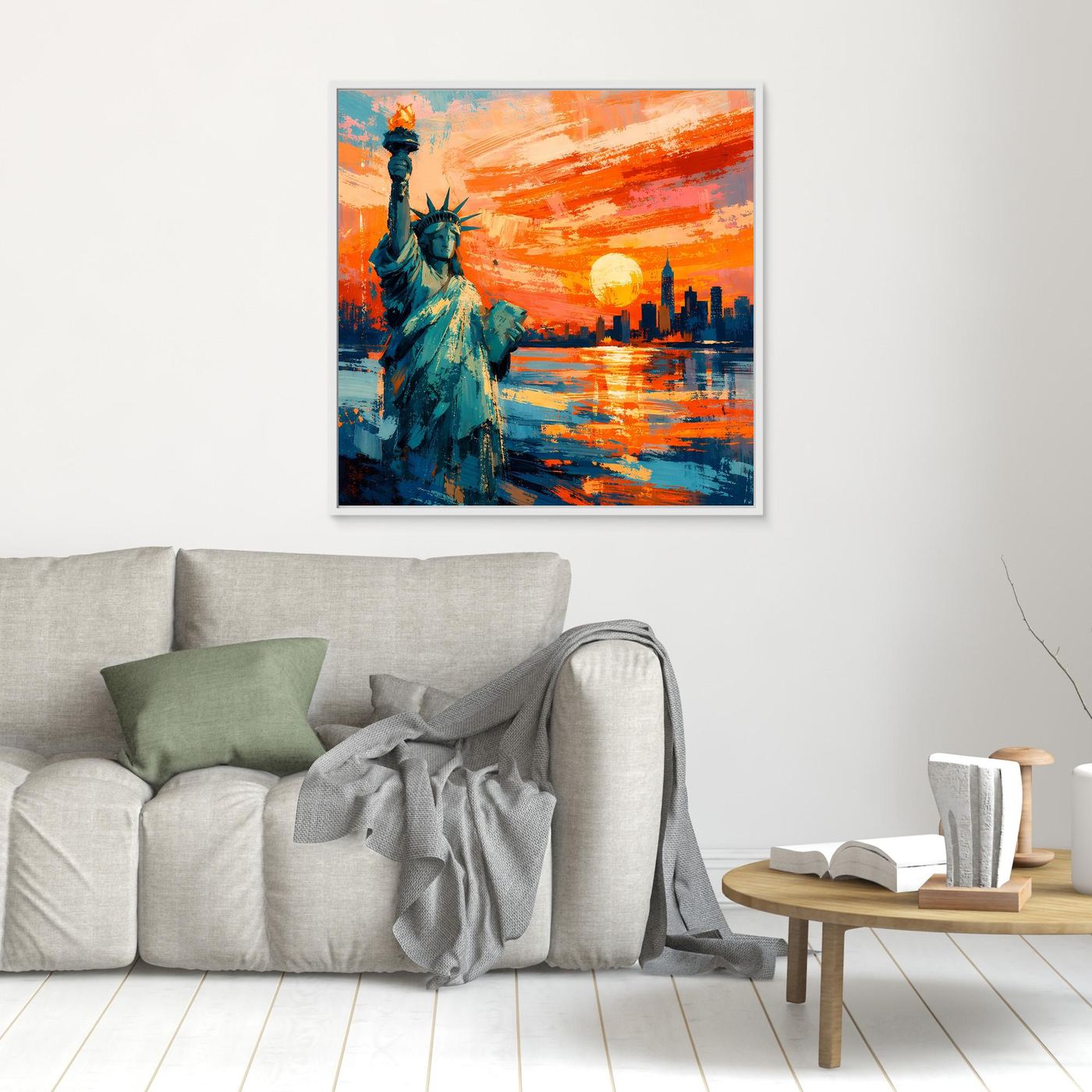 Leinwand-Wandbild (klein) mit Freiheitsstatue türkis, Sonnenuntergang in Orange und Blau