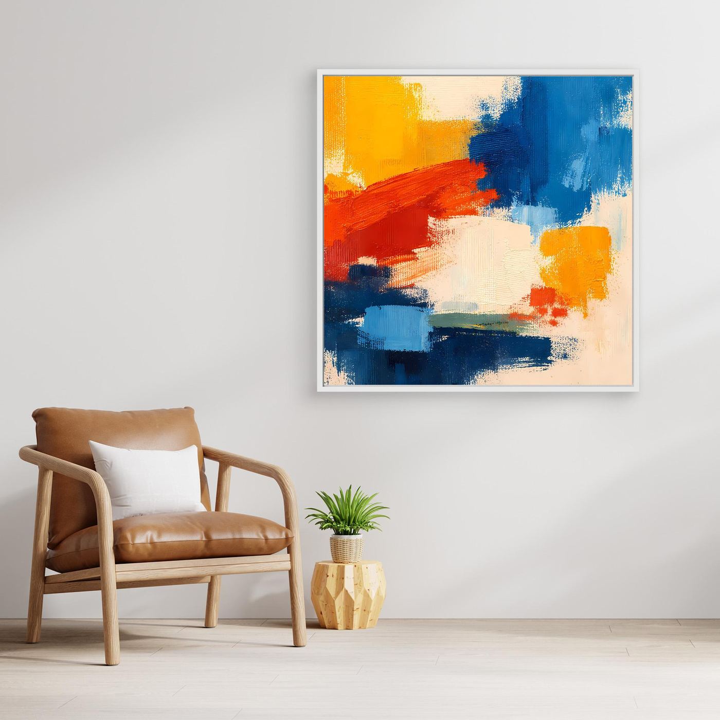 Abstract canvas wall art with layered blue paint, red streaks, and white center