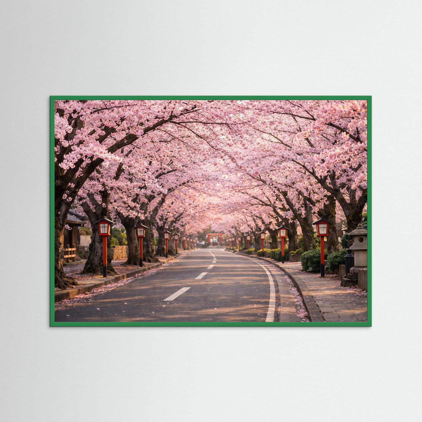 Kirschblütenallee-Panorama-Poster mit grünem Rahmen, rosa Blüten an beiden Seiten der Straße.