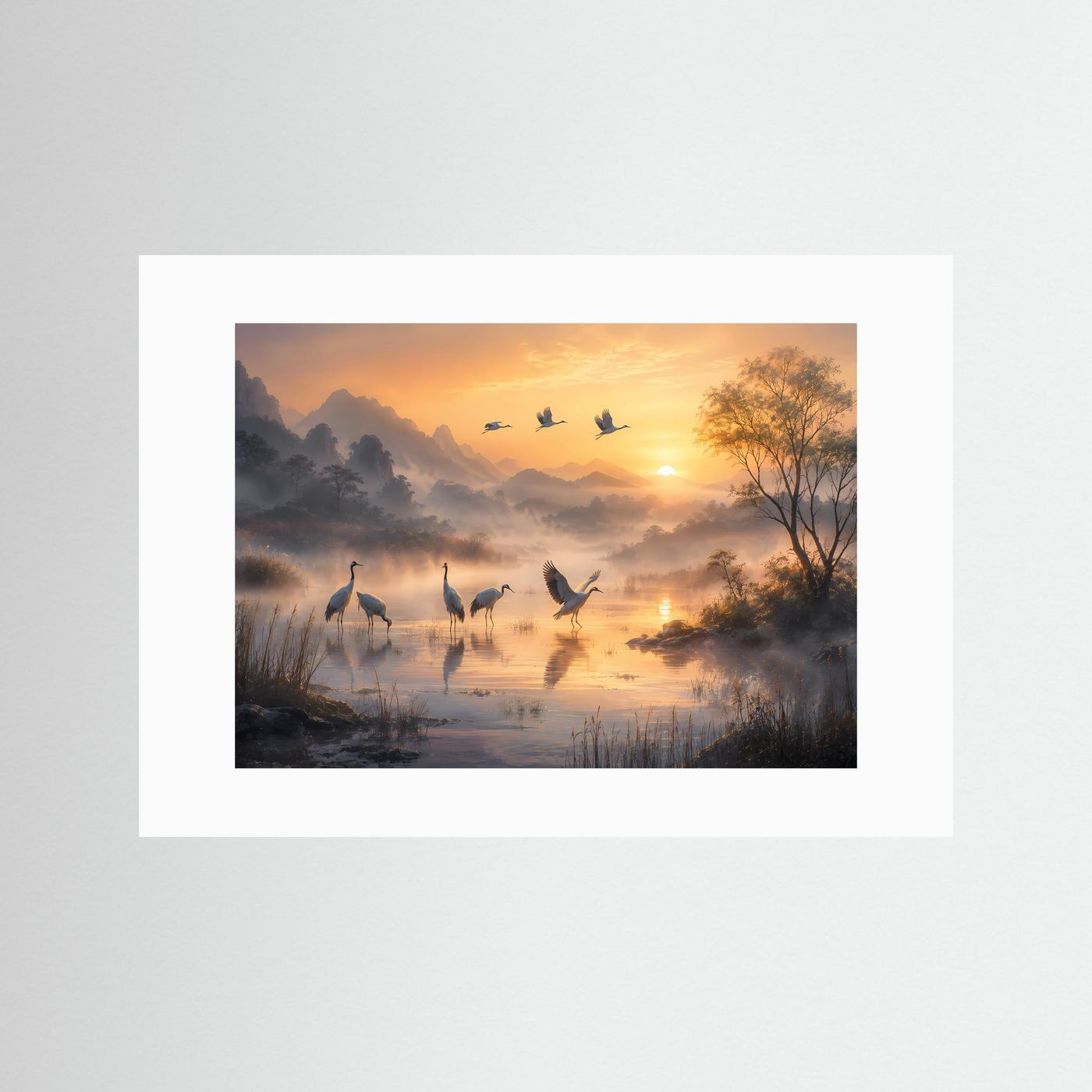 Kraniche im Morgennebel | Harmonisches Landschafts-Wandbild mit Sonnenaufgang