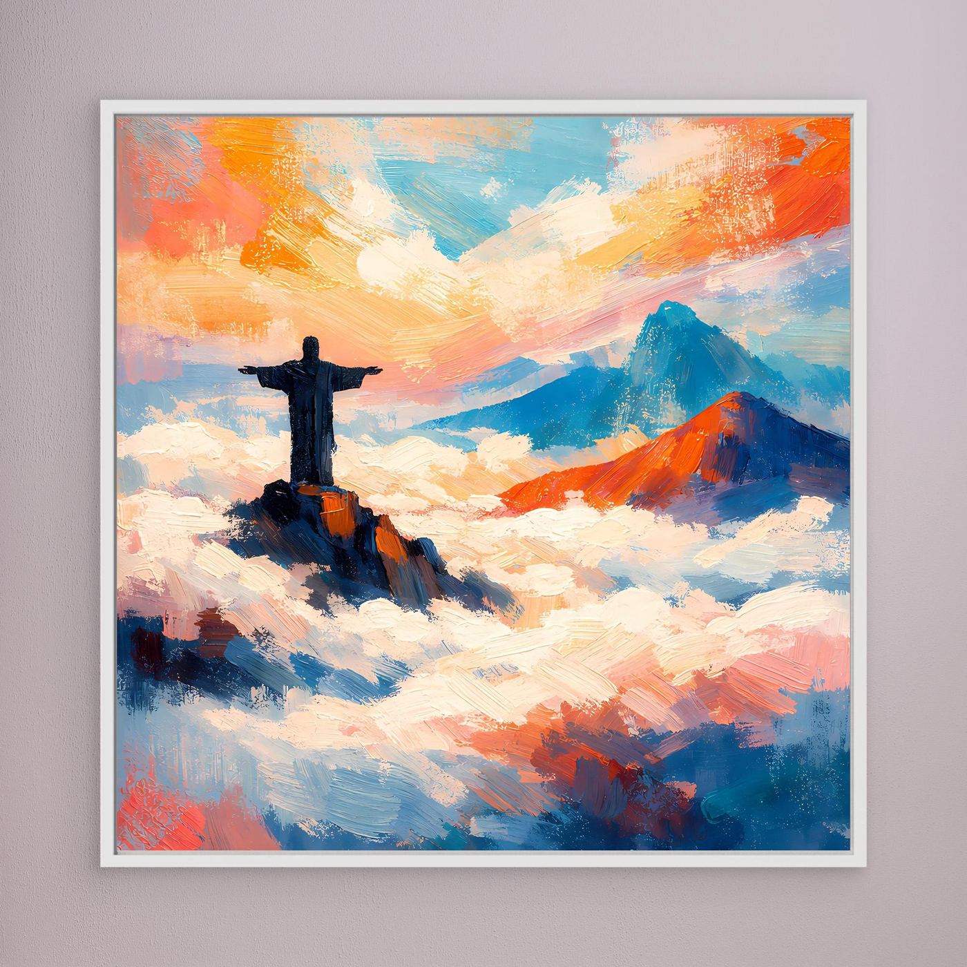 Wandbild auf Leinwand: abstrakter Christus auf Wolken, farbiger Himmel, weiß gerahmt
