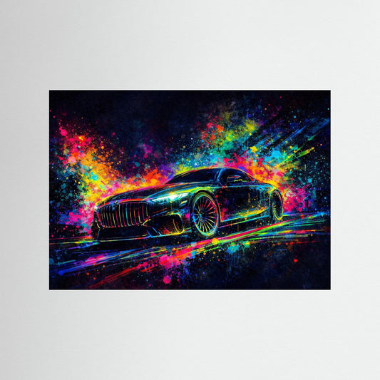 Wandbild mit abstraktem Neon-Sportwagen, schwarz gerahmt, Querformat mit bunten Farbspritzern