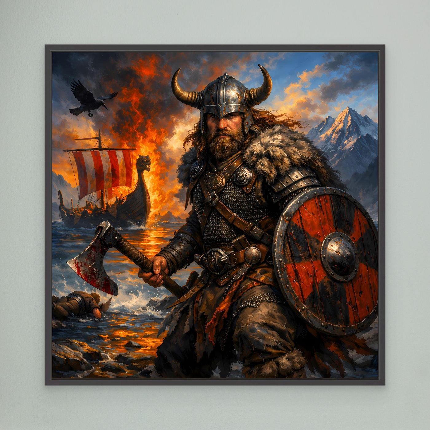 Leinwand Epischer Wikinger-Krieger an der Küste | Modernes Nordisches Wandbild
