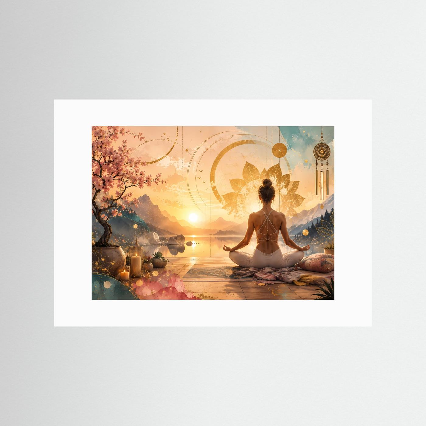Meditierende Frau am Bergsee | Yoga, Lotus & Sonnenuntergang in Gold und Pastell