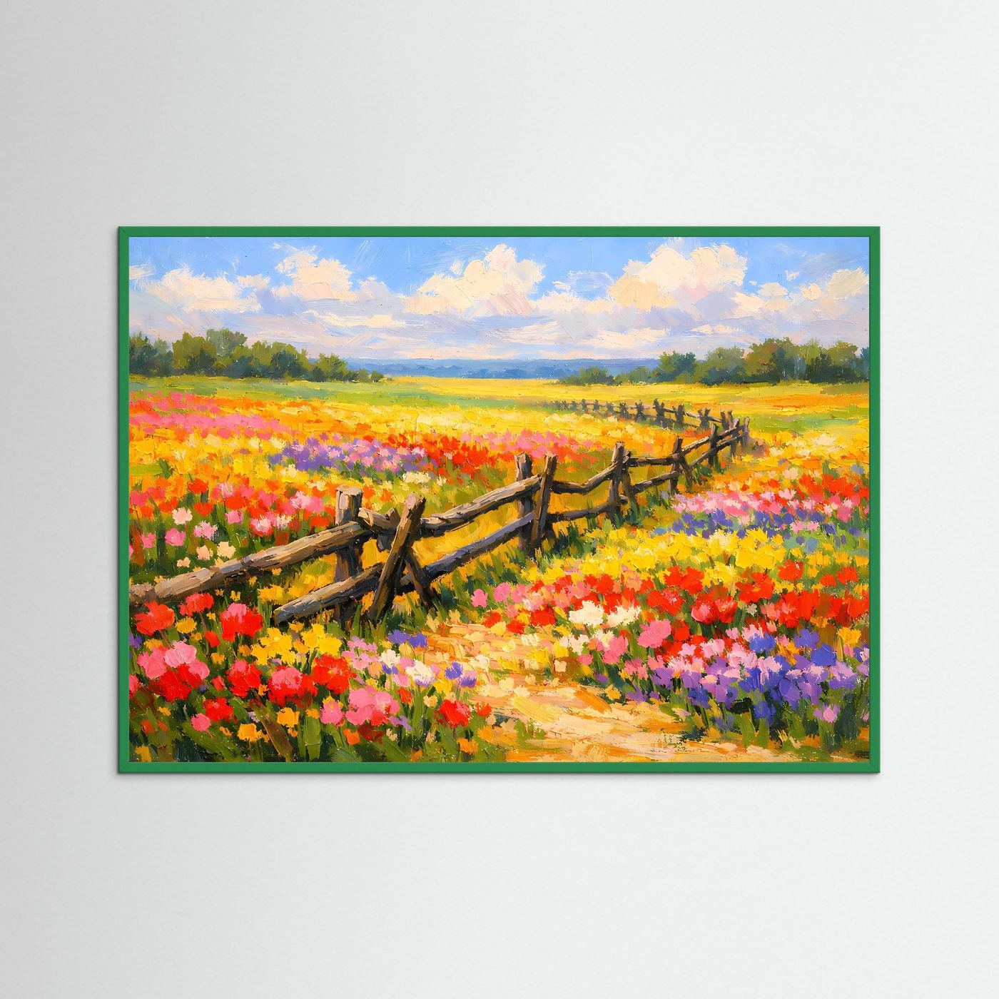 Poster Blühende Sommerwiese mit Holzzaun | Majestätisches Farbenfrohes Wandbild