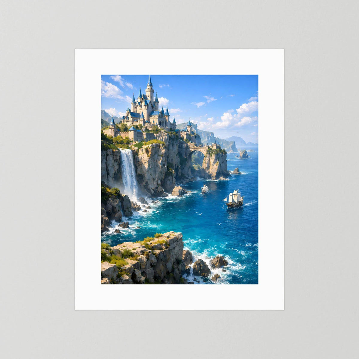 Poster im Hochformat mit weißem Passepartout, Küstenschloss bei türkisfarbenem Meer