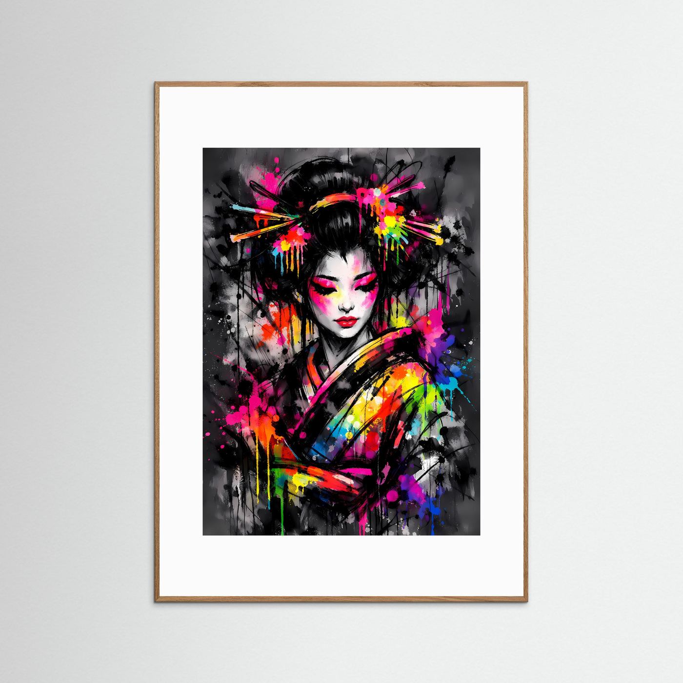 The Neon Geisha | Luxuriöses Geisha Poster Bunt & Dunkel | Abstraktes Japan Kunstposter Hochformat
