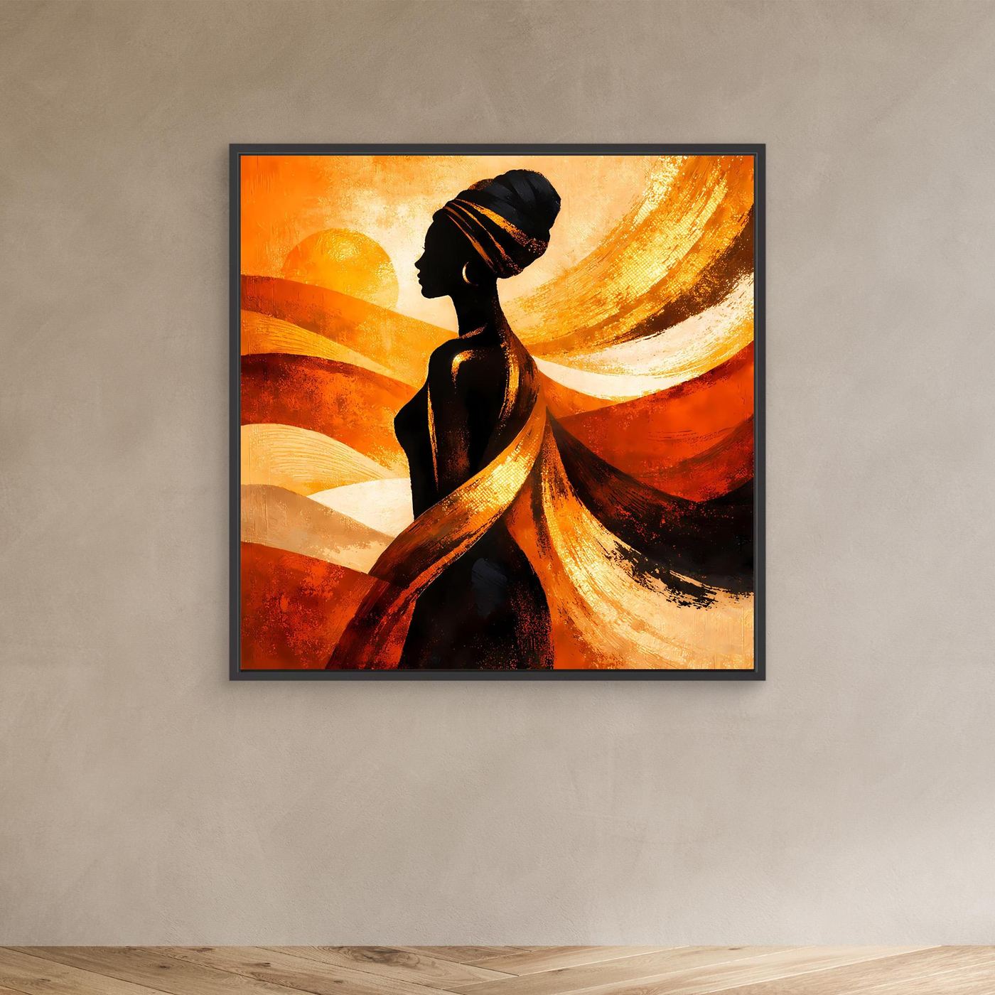 Gerahmtes Leinwandbild, Silhouette afrikanischer Frau, warmes Orange-Gold, schwarzer Rahmen.
