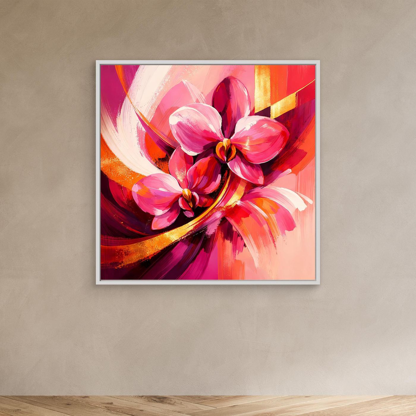Abstraktes Leinwandbild mit Orchideenblüten; weißer Rahmen, Pink und Rot, goldene Linien