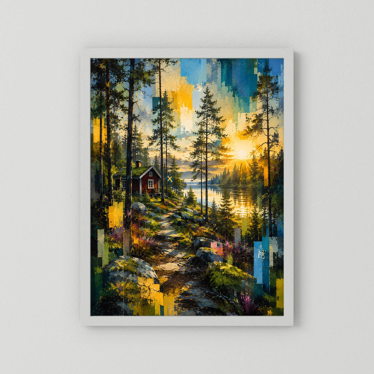 Poster im Hochformat mit Waldlandschaft und See bei Sonnenuntergang, mit weißem Rand