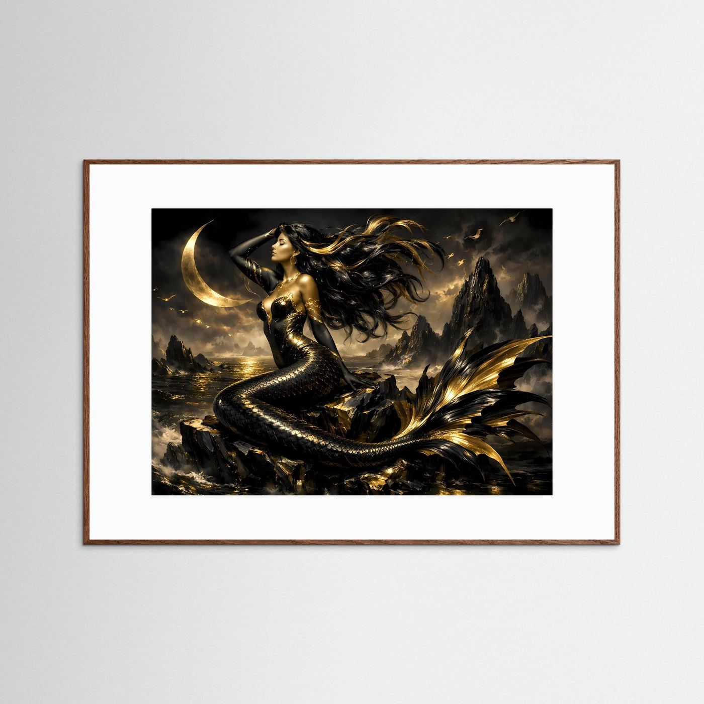 Poster mit Meerjungfrau-Fantasymotiv in dunklem Holzrahmen