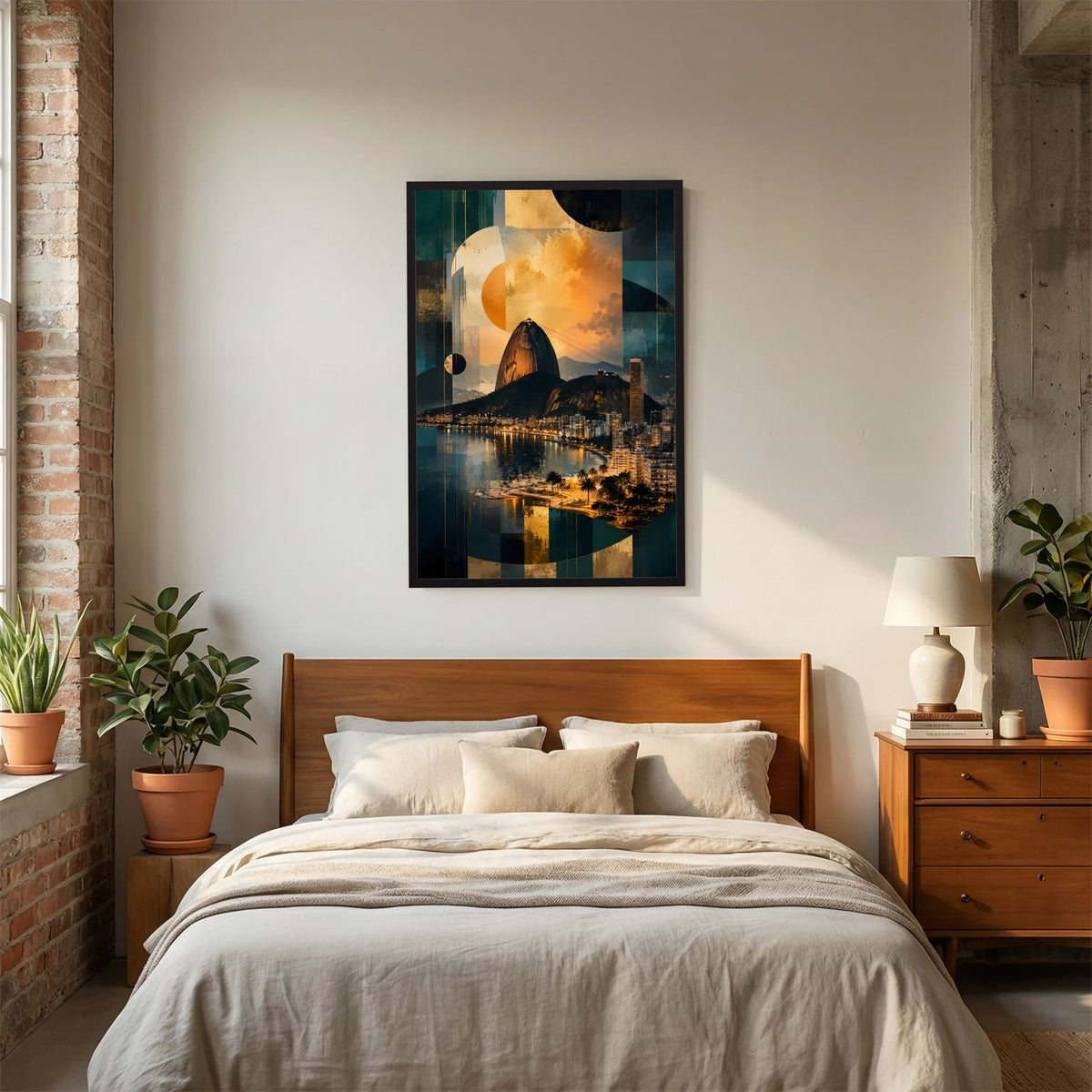 Brasil-Poster im Bildrahmen über dem Bett: abstrakte Skyline mit Zuckerhut, Petrol und Goldtönen.