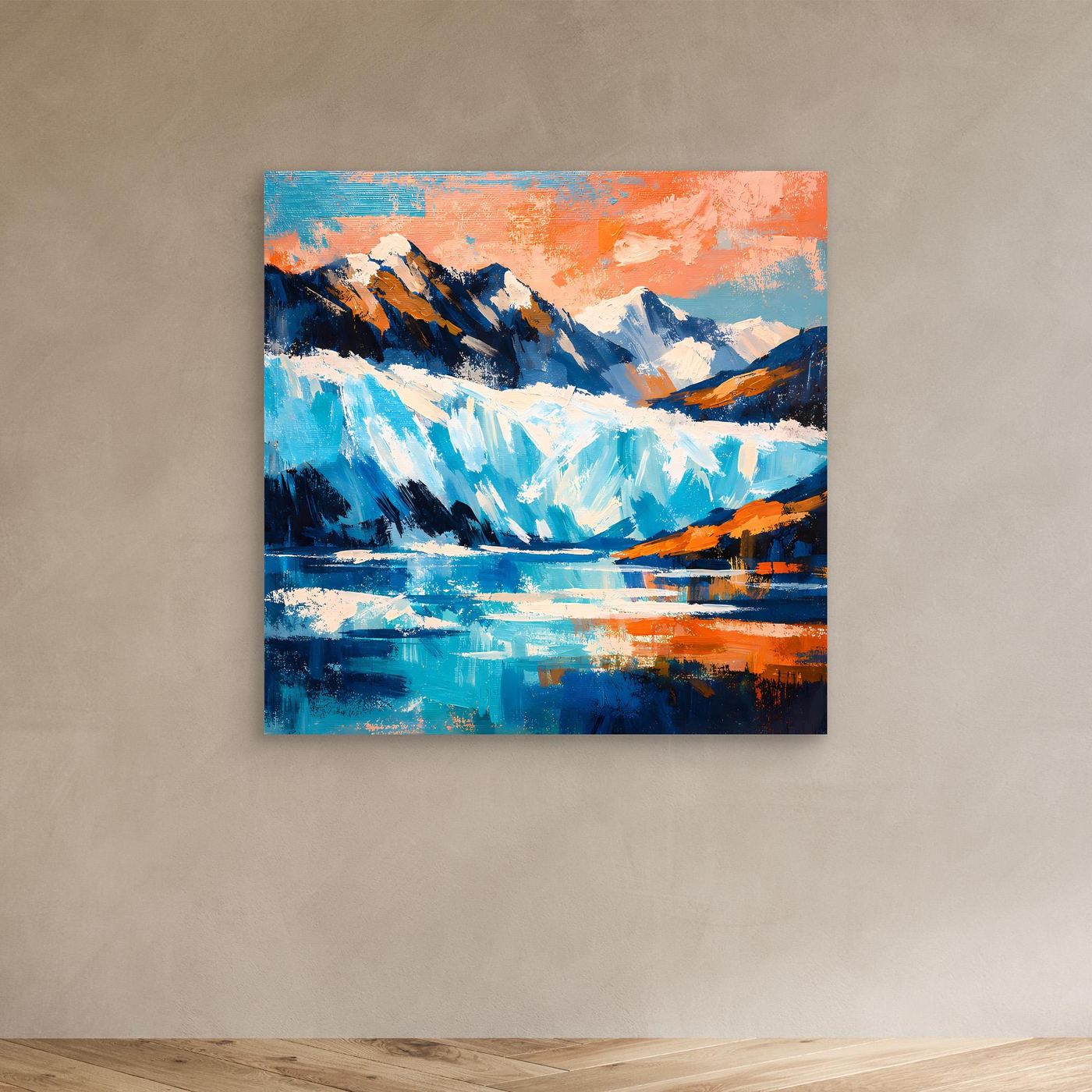 Wandbild ohne Rahmen: abstrakte Arktislandschaft mit Bergen, Gletscher und Eis in Blau/Orange.