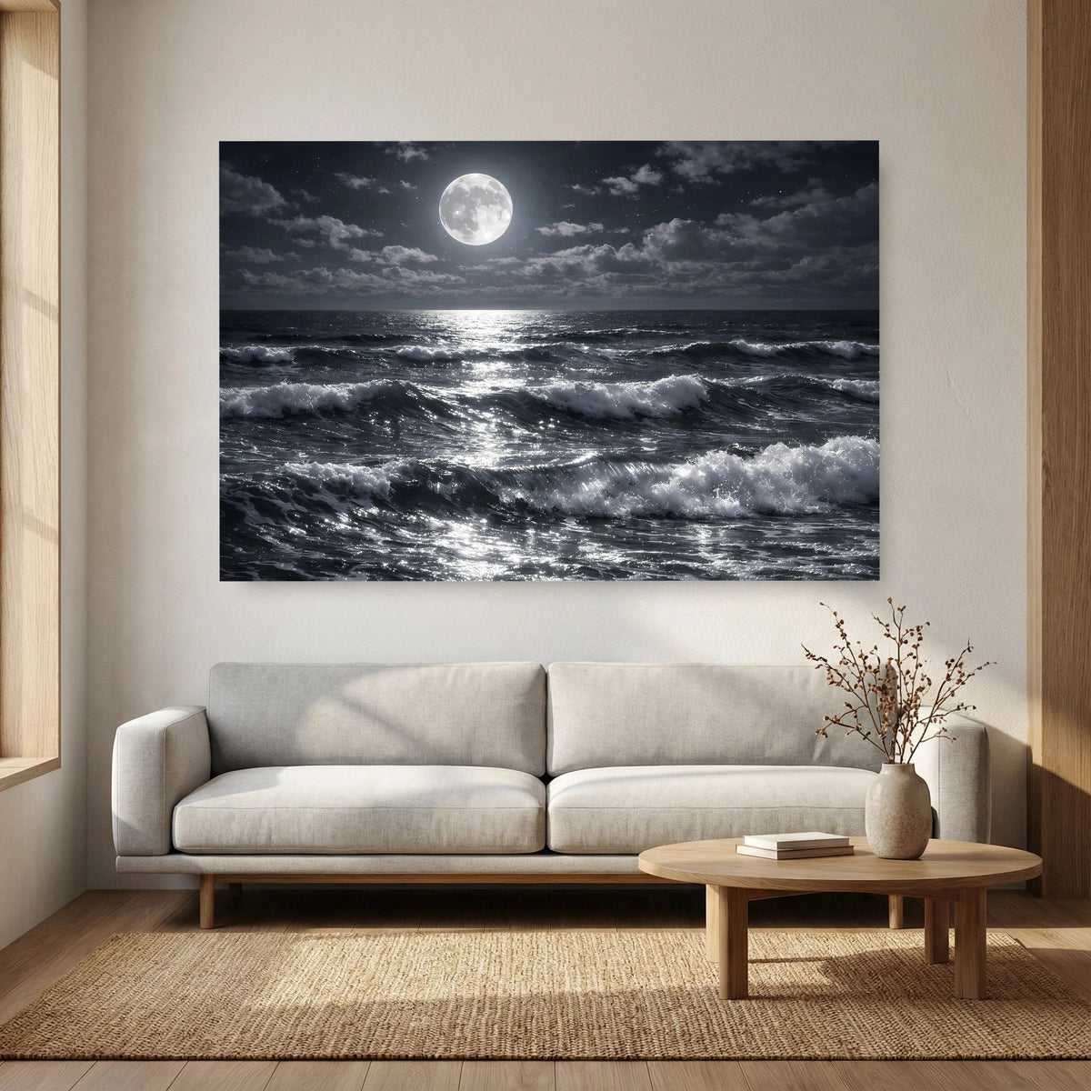 Wandbild mit Mondschein über der See und Wellen, Querformat, mittig über dem Sofa