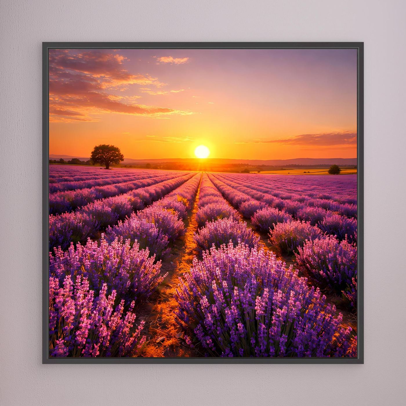 Leinwandbild mit Lavendelfeld bei Sonnenuntergang, dunkelgraues Rahmenprofil