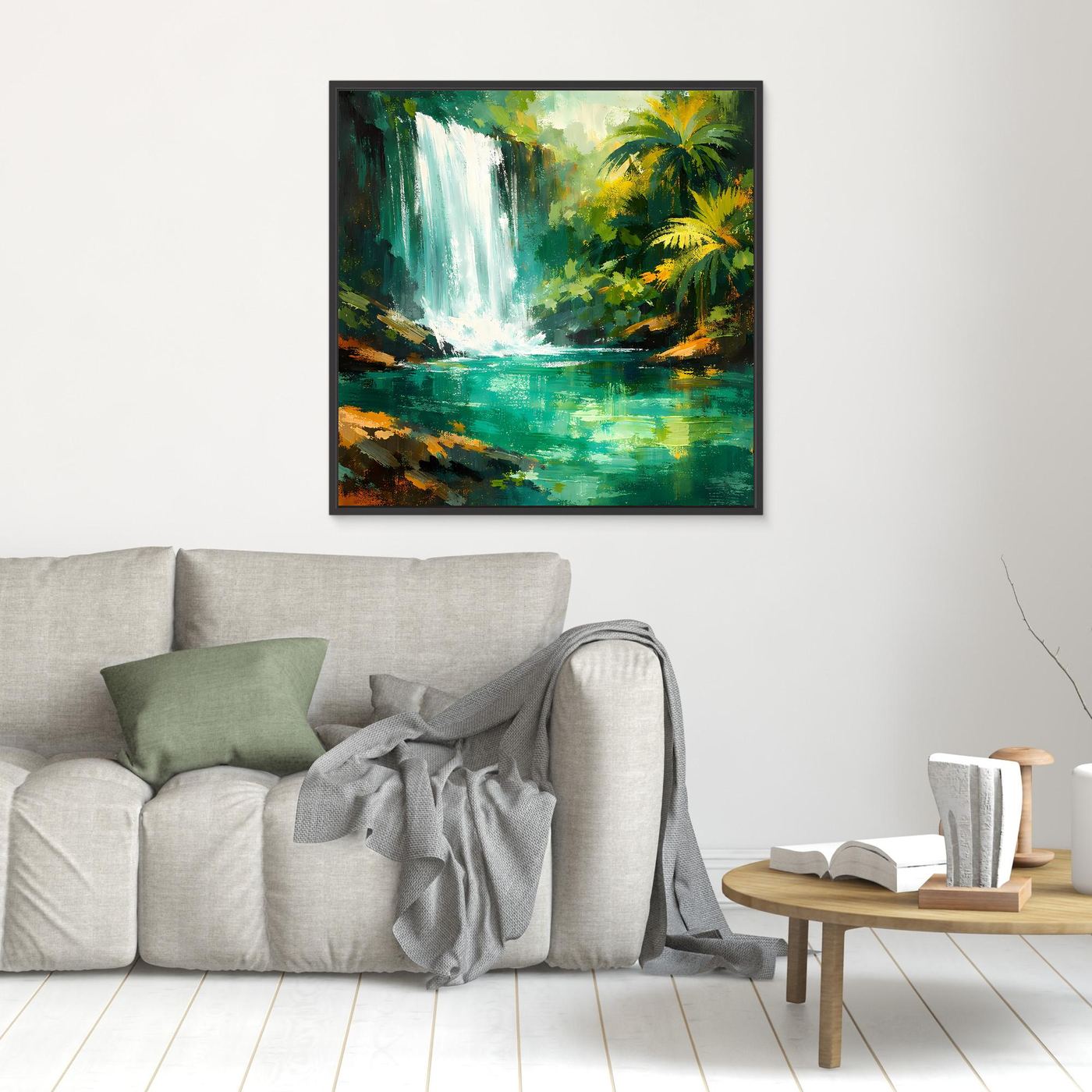 Leinwand Abstraktes Dschungel Wandbild mit Wasserfall | Modernes Natur Kunstwerk Grün