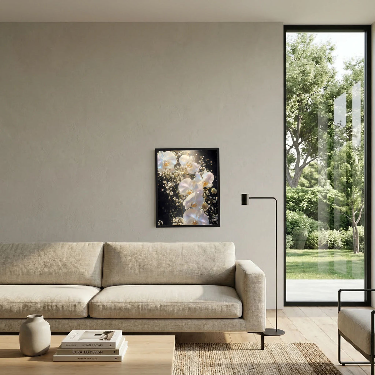 Blumenposter mit weißen Orchideen und goldenen Lichtern, schwarz gerahmt